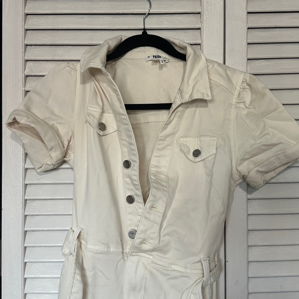 NEW Paige Anessa Stretch-Denim Cream Jumpsuit - Picture 10 of 16